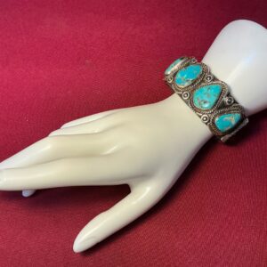 Vintage Navajo Sterling Cuff Bracelet–4 Natural Turquoise Stones – Handcrafted