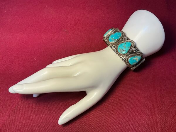 Vintage Navajo Sterling Cuff Bracelet–4 Natural Turquoise Stones – Handcrafted